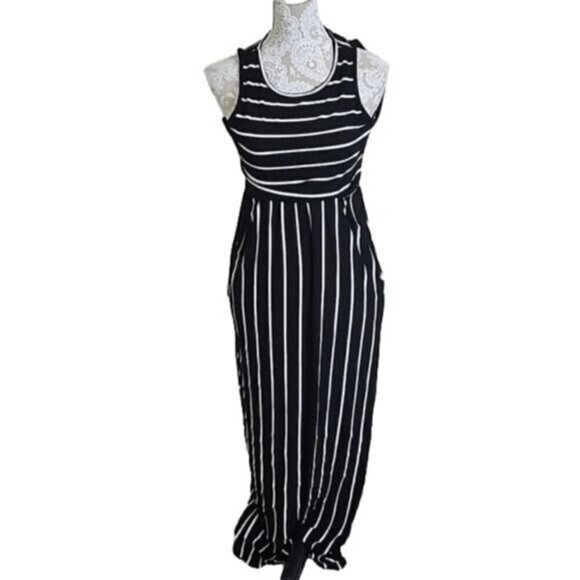 Hount sleeveless Maxi Dress Black/White Striped pockets Small - Picture 1 of 8